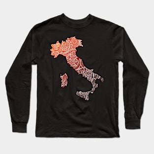 Colorful mandala art map of Italy with text in brown and orange Long Sleeve T-Shirt